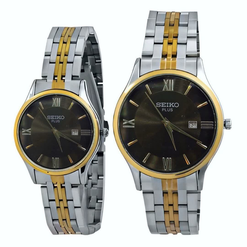 ست ساعت مچی عقربه‌ای کوارتز زنانه و مردانه مدل ریزبافت صفحه ساده کلاسیک کد 012