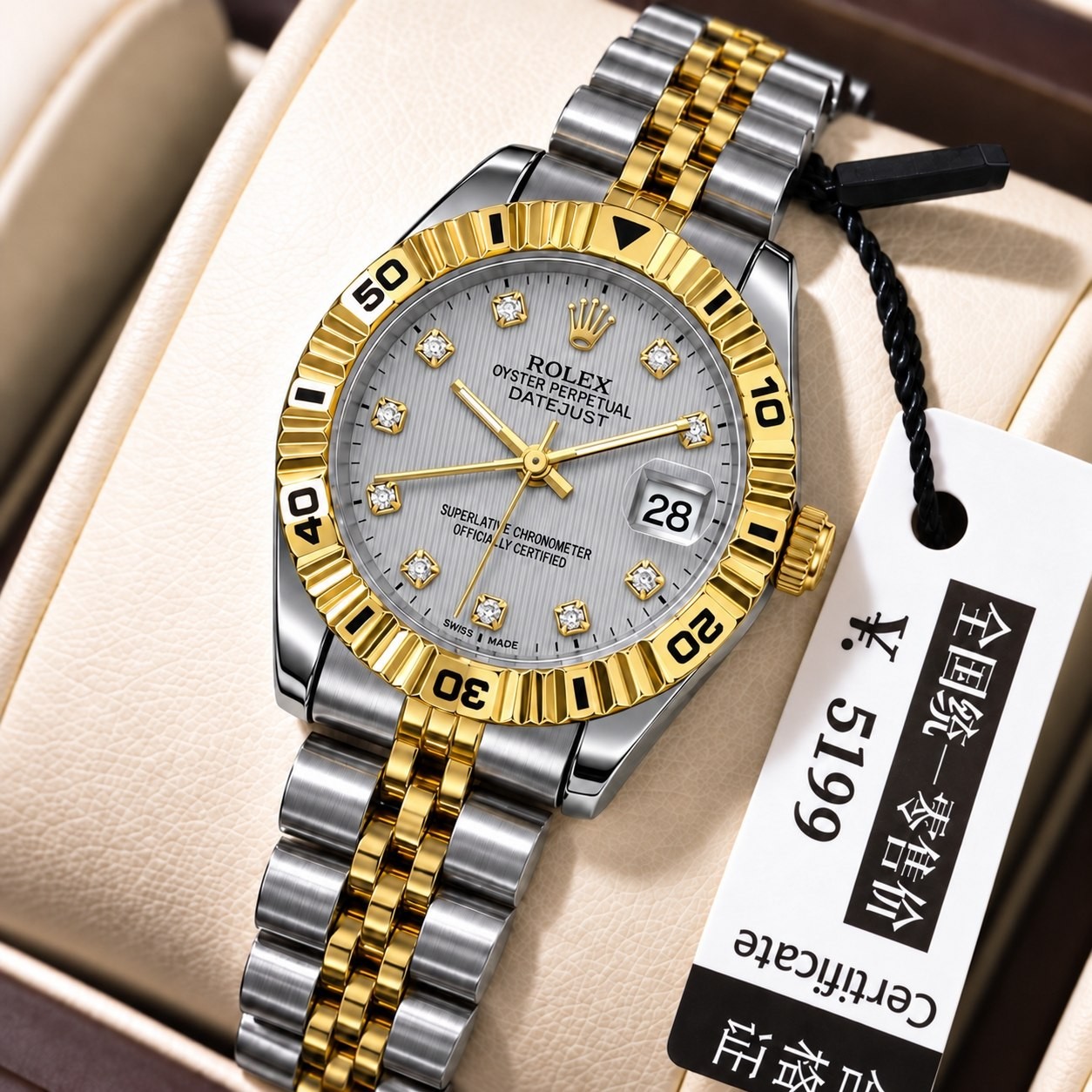 ساعت مچی زنانه رولکس تقویم تلسکوپی بند اجری رنگ بندی دار کیفیت عالی..ROLEX