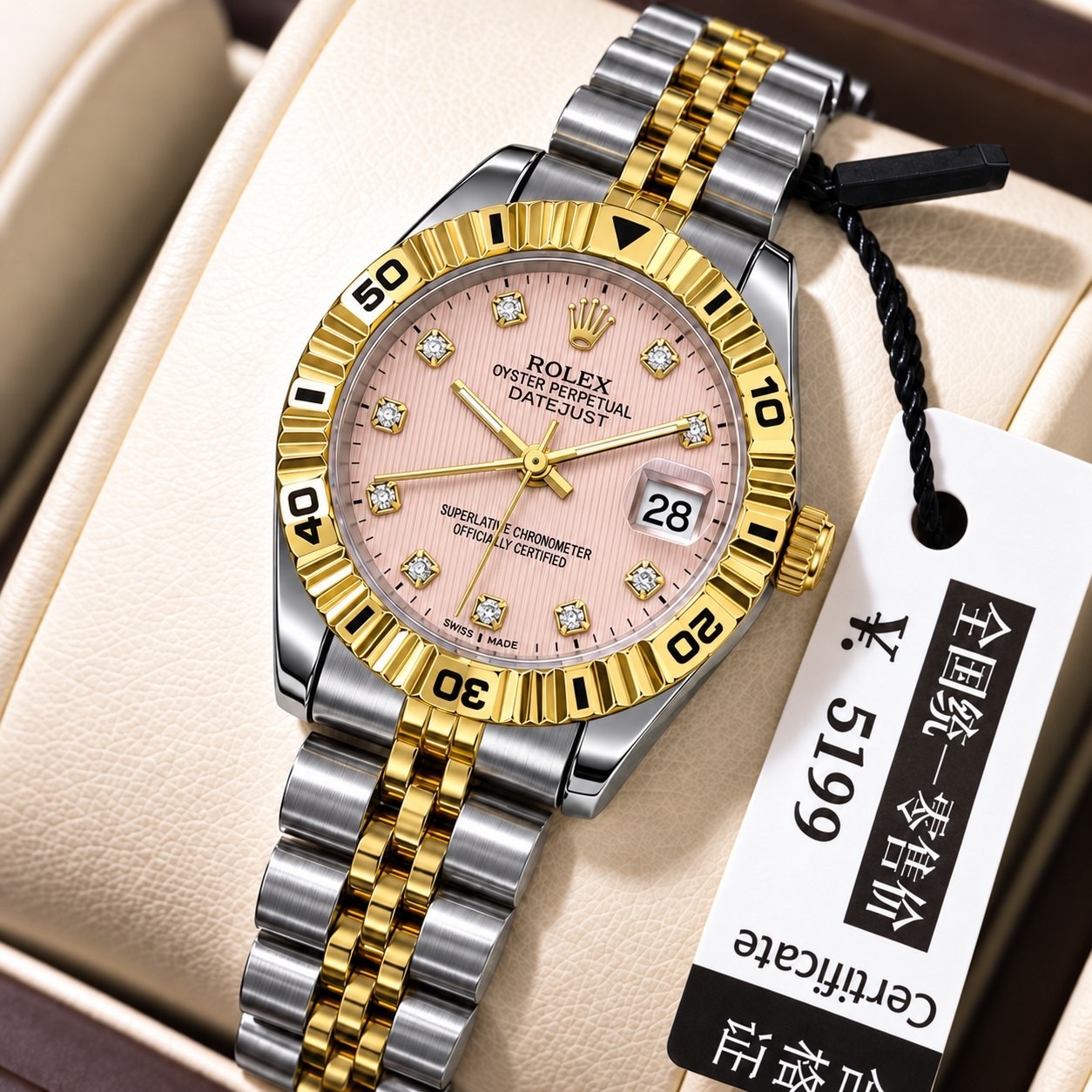 ساعت مچی زنانه رولکس تقویم تلسکوپی بند اجری رنگ بندی دار کیفیت عالیROLEX