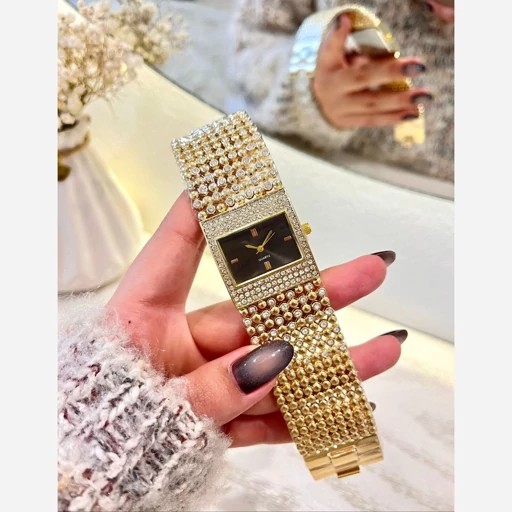 ساعت مچی زنانه تیفانی مکعبی خاص بندپهن نگین دار رنگ ثابت