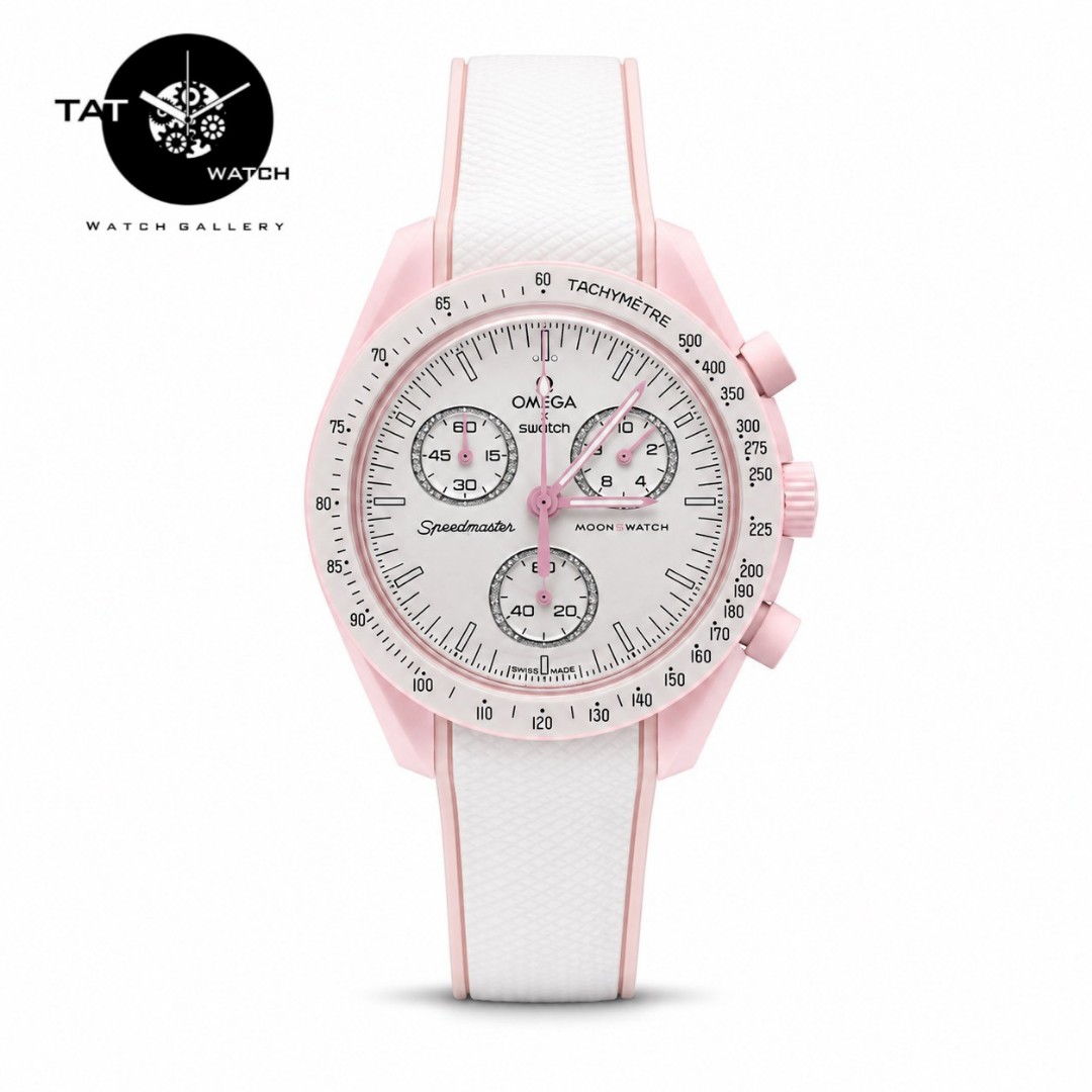 ساعت زنانه امگا سواچ ونوس venus صورتی بند رابر قفل امگایی سه موتوره کرنو با با جعبه omega swatch ساعت مچی