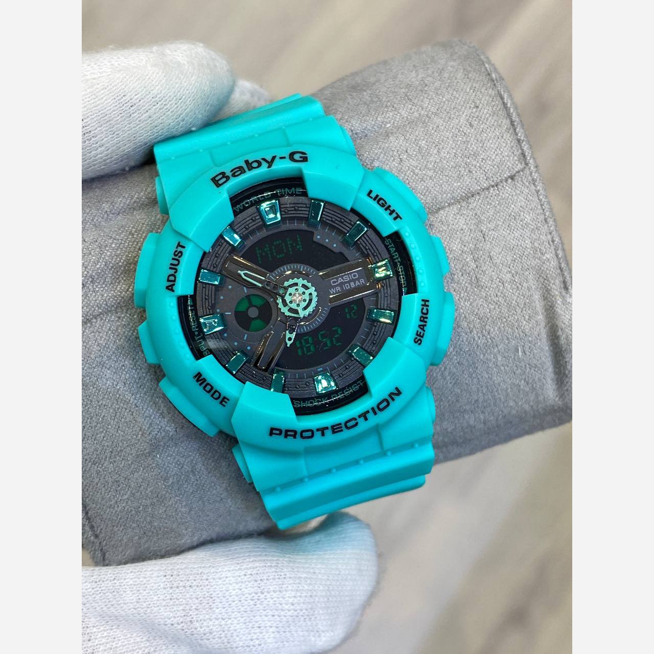 ساعت مچی زنانه بچگانه کاسیو بیبی جی Ba110 در رنگبندی موتور ژاپن یک سال جعبه بی بی جی Baby-G Casio