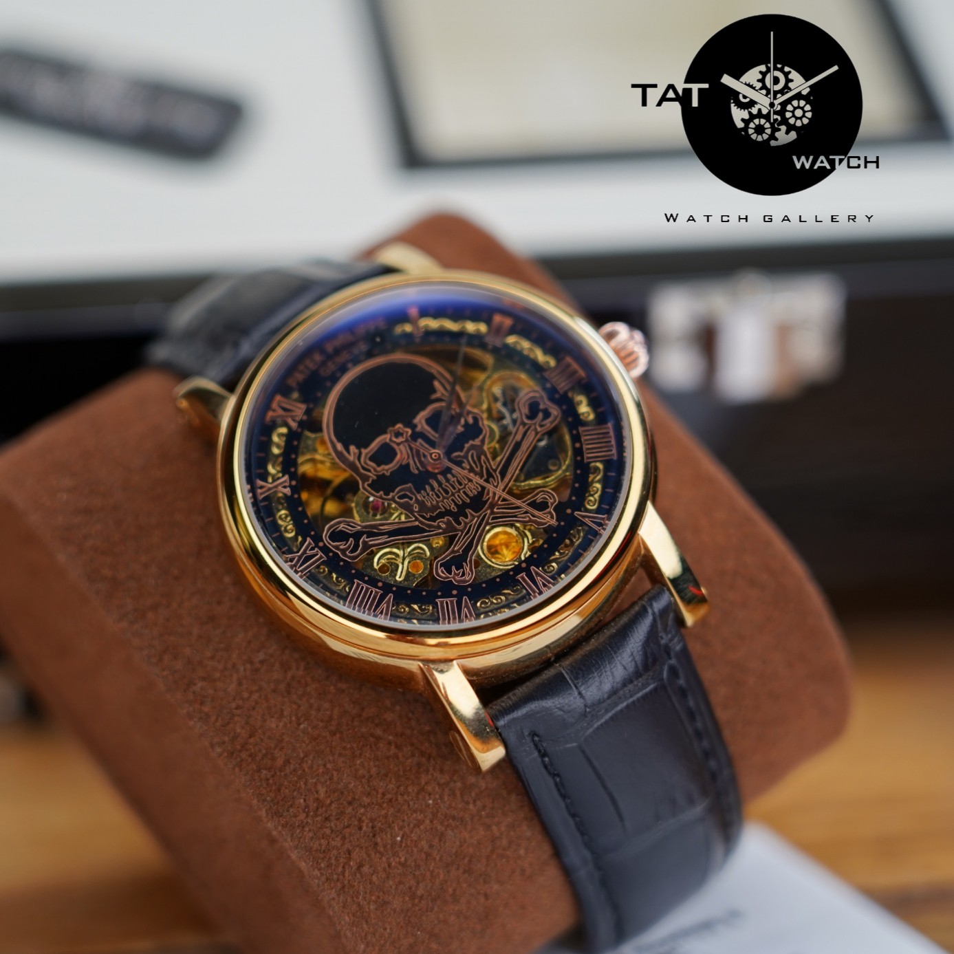 ساعت مردانه پتک فیلیپ موتور ژاپن اتوماتیک بدون باتری اسکلتون شیشه ای با با جعبه patek ساعت مچی