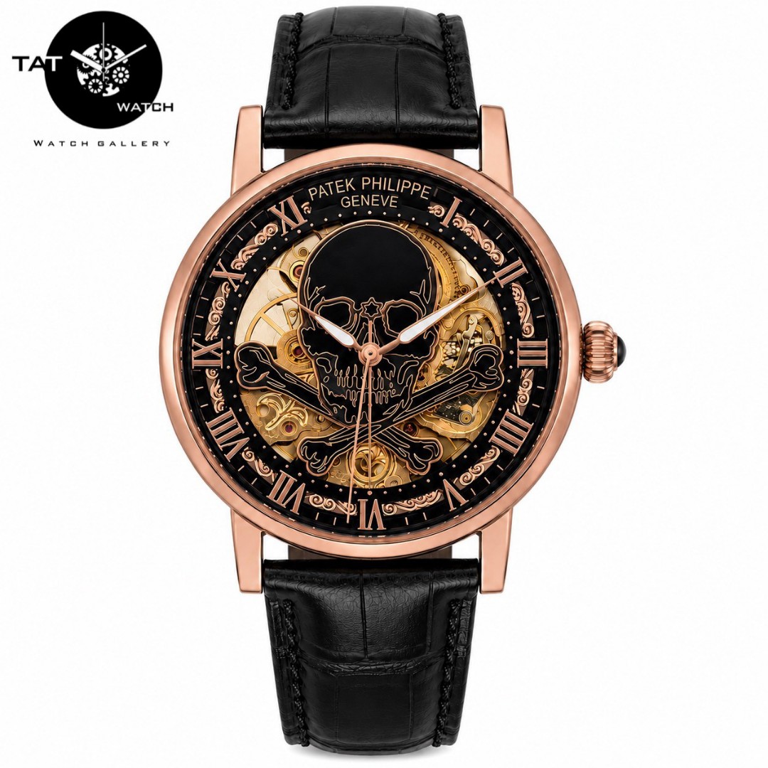 ساعت مردانه پتک فیلیپ موتور ژاپن اتوماتیک بدون باتری اسکلتون شیشه ای با با جعبه patek ساعت مچی