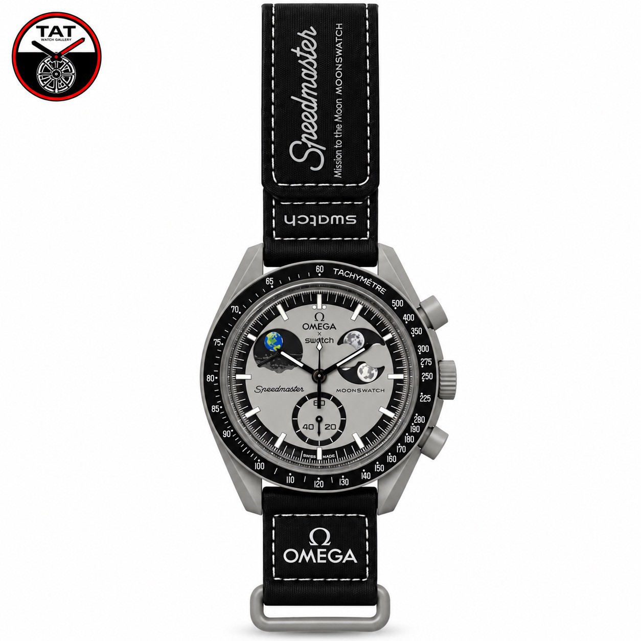 ساعت مردانه زنانه امگا سواچ فاز زمین Earth phase ماه چرخشی 3موتور کرنو باجعبه omega swatch ساعت مچی