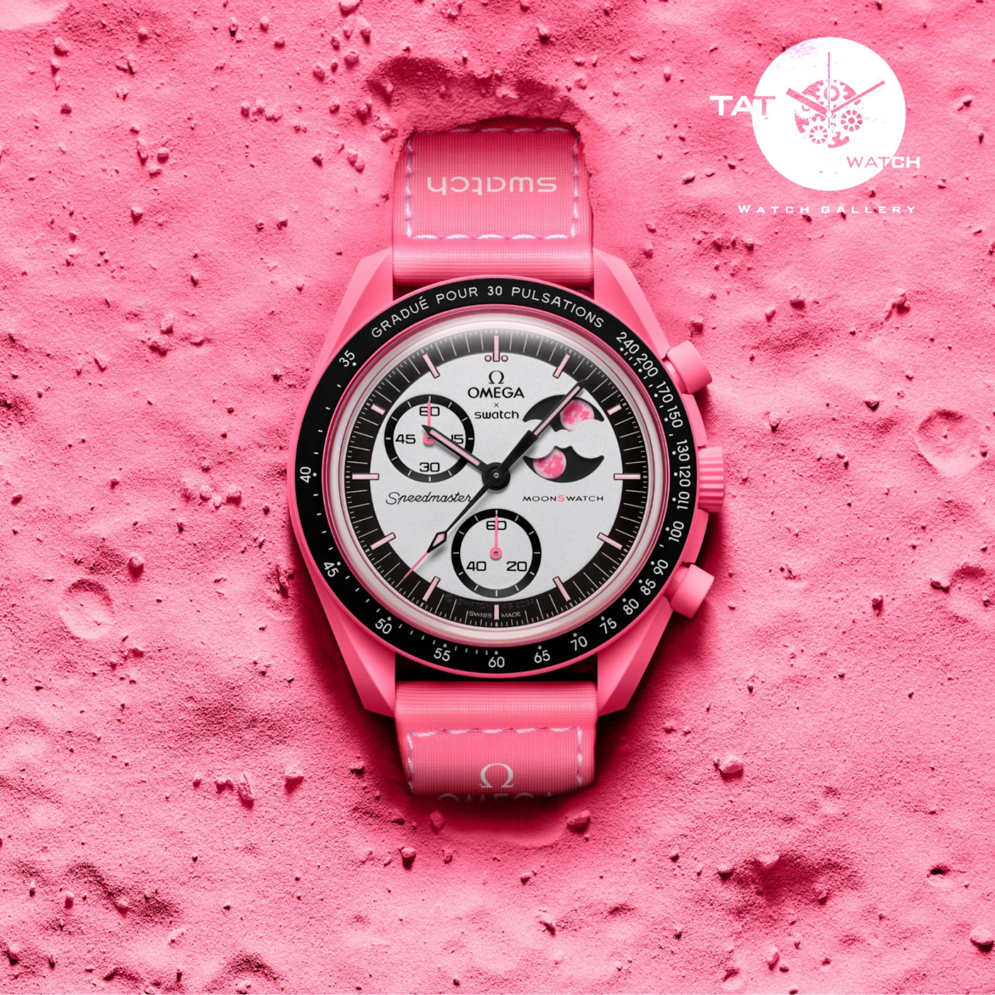 ساعت امگا سواچ مردانه زنانه ماه صورتی باربی Pink Moon سه موتوره کرنو با در رنگبندی omega swatch ساعت مچی