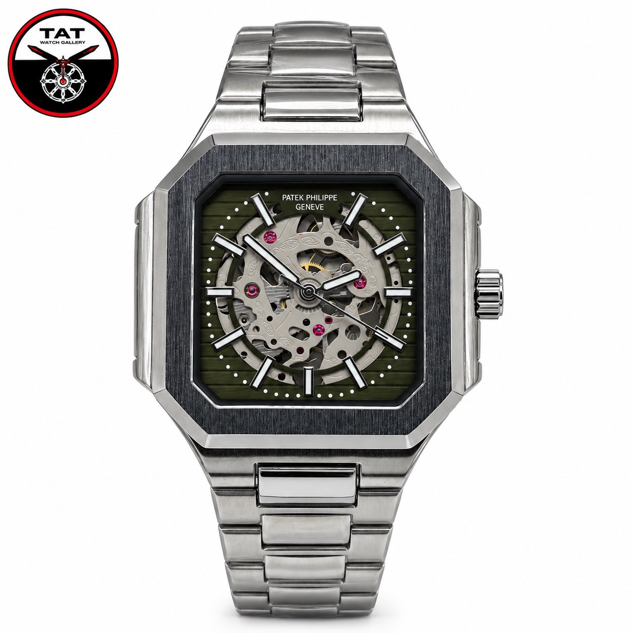 ساعت مردانه پتک فیلیپ کوبیتوس اتومات بدون باتری اسکلتون شیشه ای موتور مشخص جعبه Patek Philippe مچی
