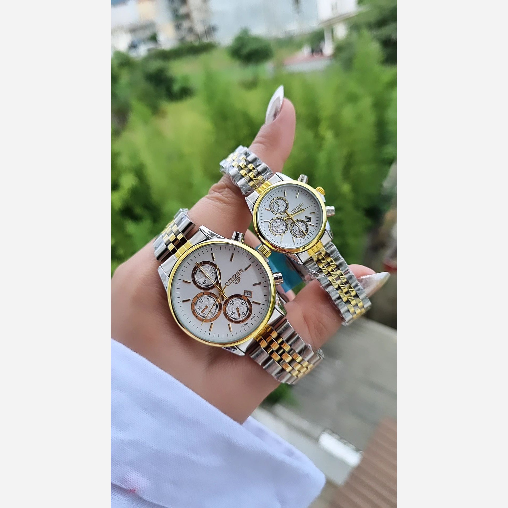ست ساعت مردانه و زنانه سیتیزن vip طرح سه موتور رنگ ثابت نقره ای طلایی