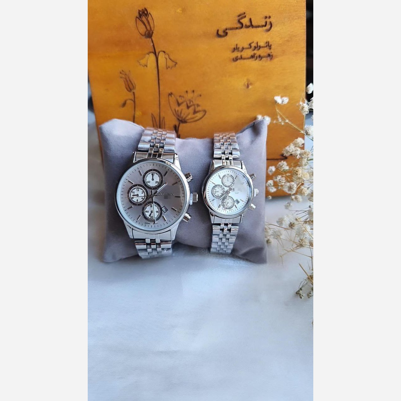 ست ساعت مردانه و زنانه سیتیزن vip طرح سه موتور رنگ ثابت نقره ای طلایی