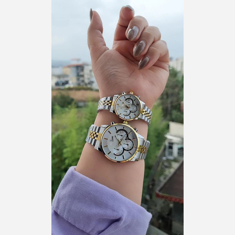 ست ساعت مردانه و زنانه سیتیزن vip طرح سه موتور رنگ ثابت نقره ای طلایی