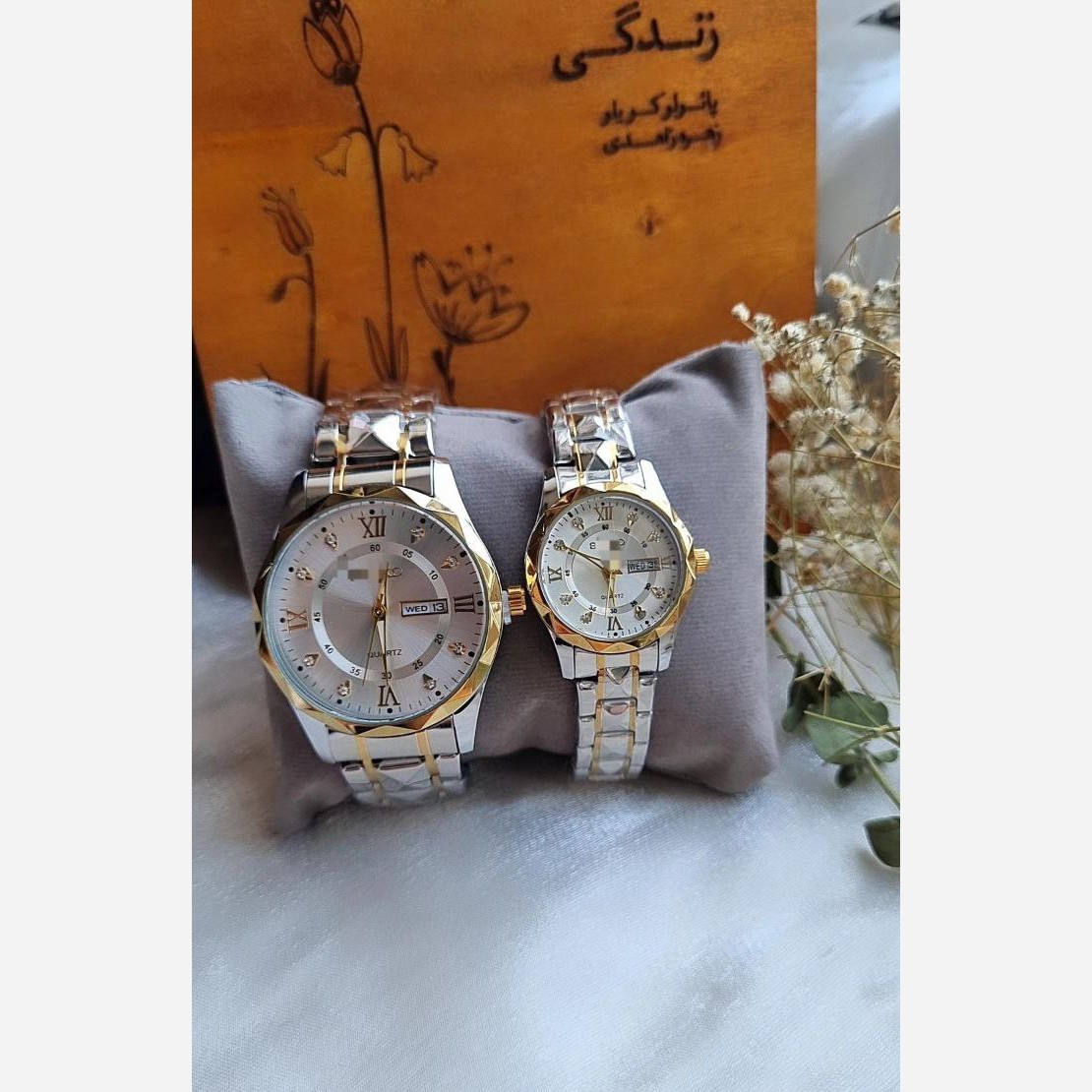 ست ساعت سیکو الماسی دوتقویم شیشه ضدخش رنگ ثابت