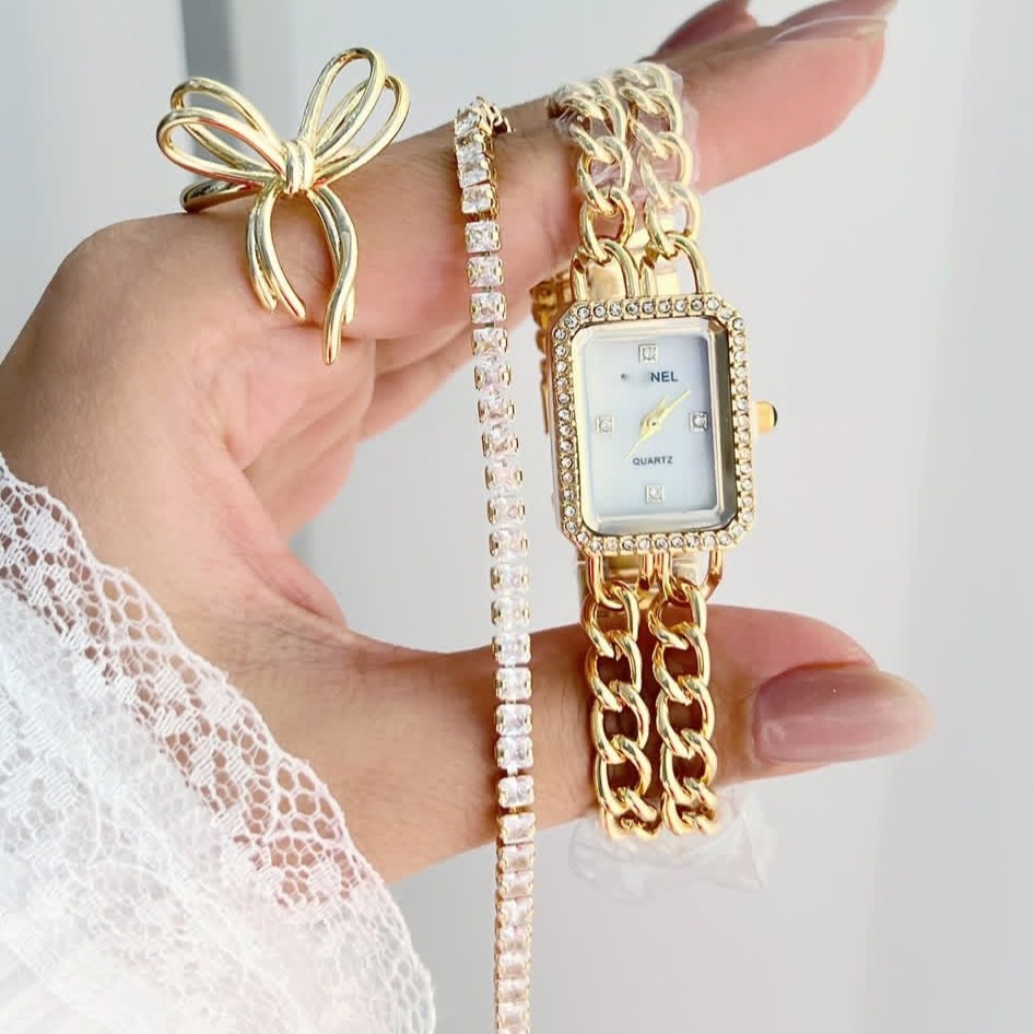 ست 5 تیکه دستبند و ساعت مچی زنانه بند استیل زنجیری طرح کارتیر Chanel