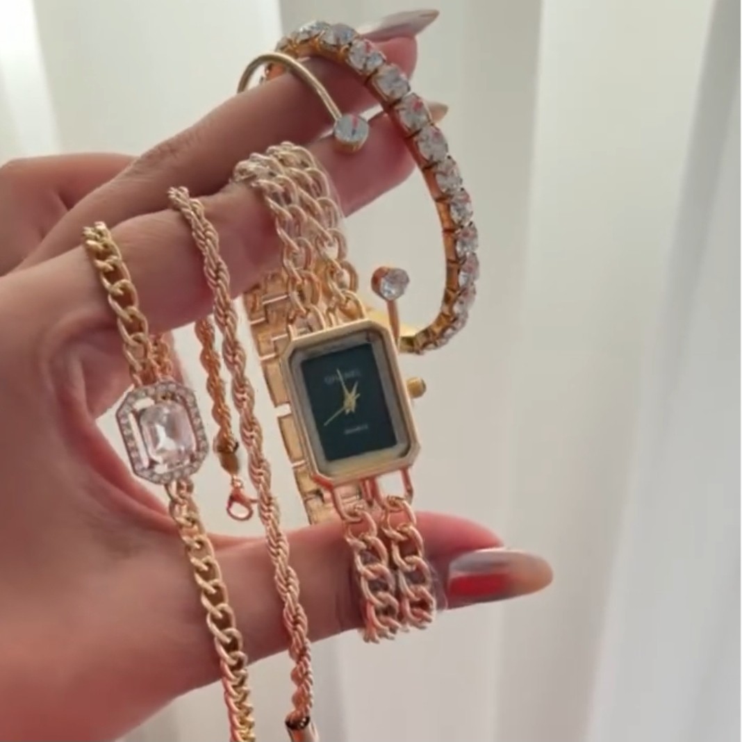 ست 5 تیکه دستبند و ساعت مچی زنانه بند استیل زنجیری طرح کارتیر Chanel