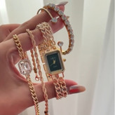 ست 5 تیکه دستبند و ساعت مچی زنانه بند استیل زنجیری طرح کارتیر Chanel