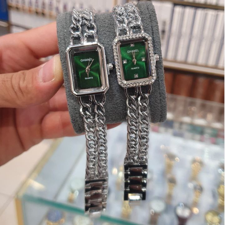 ست 5 تیکه دستبند و ساعت مچی زنانه بند استیل زنجیری طرح کارتیر Chanel