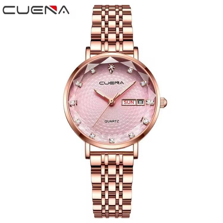 ساعت مچی زنانه اورجینال دوتقویم الماسی رنگ ثابت و ضدآب اب Cuena