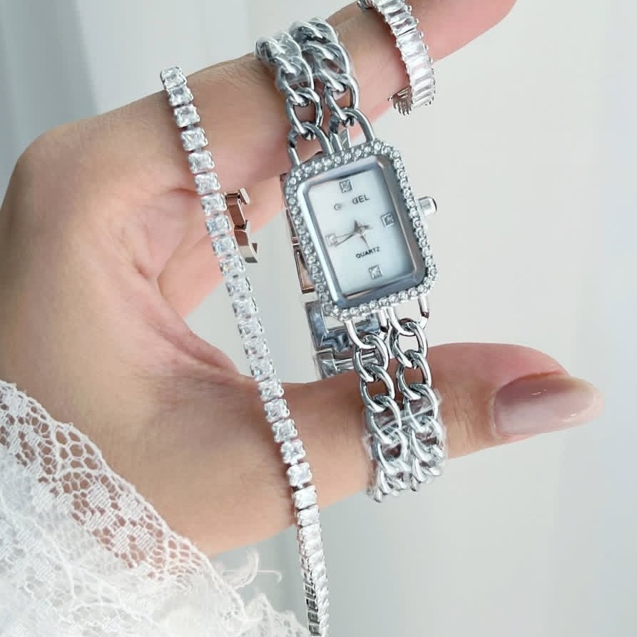 ست 5 تیکه دستبند و ساعت مچی زنانه اقتصادی بند استیل زنجیری طرح کارتیر Chanel