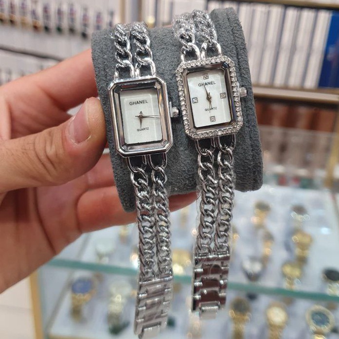 ست 5 تیکه دستبند و ساعت مچی زنانه اقتصادی بند استیل زنجیری طرح کارتیر Chanel