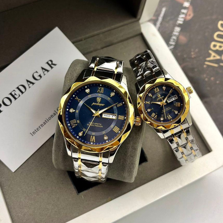 ساعت مچی زنانه مردانه دو تقویم بند استیل الماسی پوداگار Poedagar