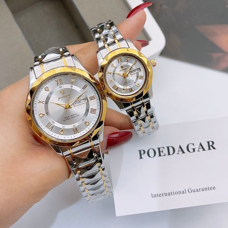 ست زنانه مردانه ساعت مچی دو تقویم بند استیل پوداگار Poedagar