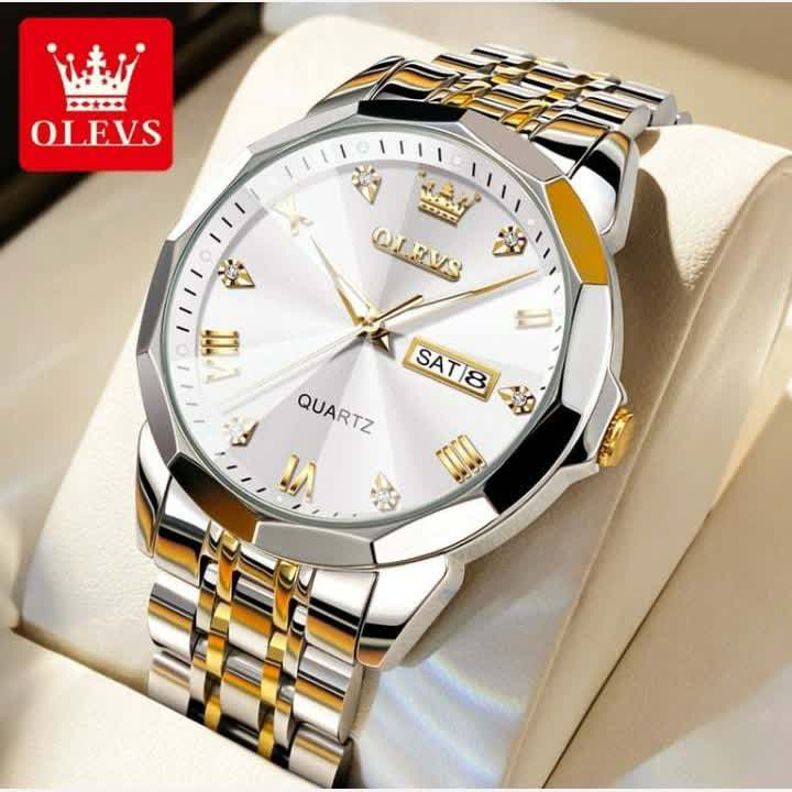 ست زنانه مردانه ساعت مچی اورجینال شرکتی دو تقویم بند استیل الماسی الوز OLEVS