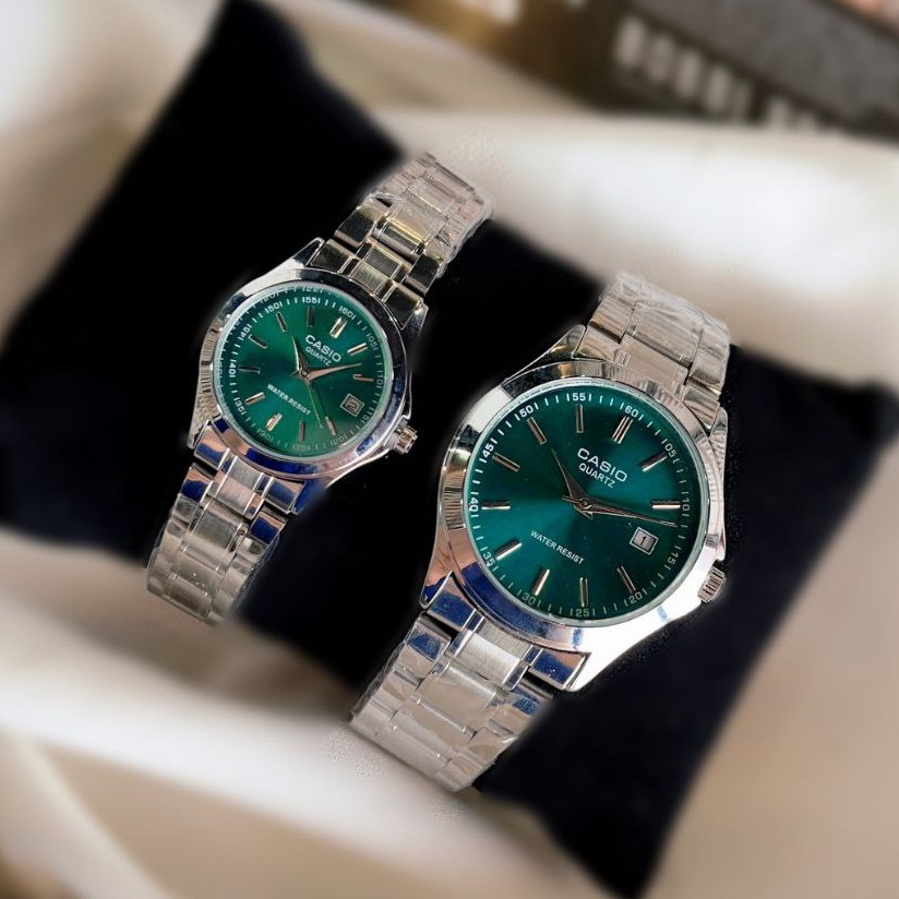 ست و تک زنانه مردانه ساعت مچی بند استیل صفحه رنگی کاسیو دارای رنگبندی Casio