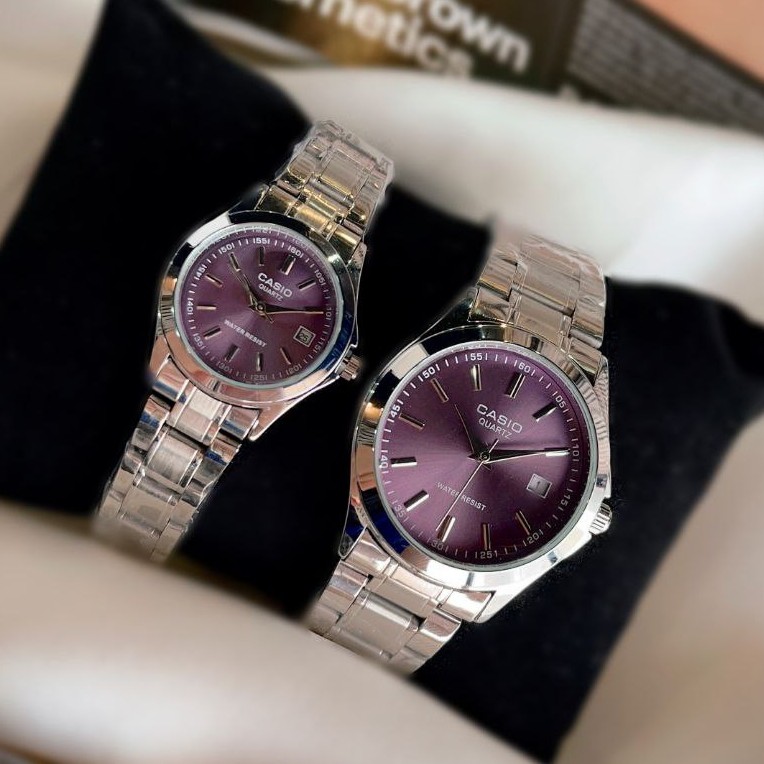 ست و تک زنانه مردانه ساعت مچی بند استیل صفحه رنگی کاسیو دارای رنگبندی Casio