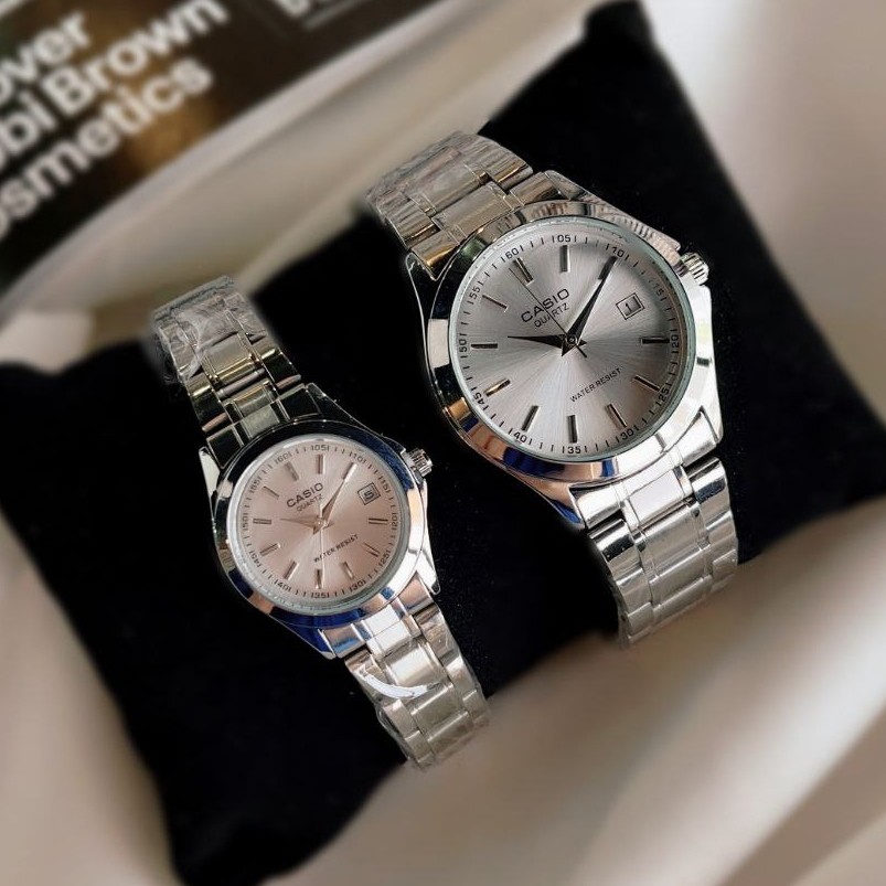 ست و تک زنانه مردانه ساعت مچی بند استیل صفحه رنگی کاسیو دارای رنگبندی Casio