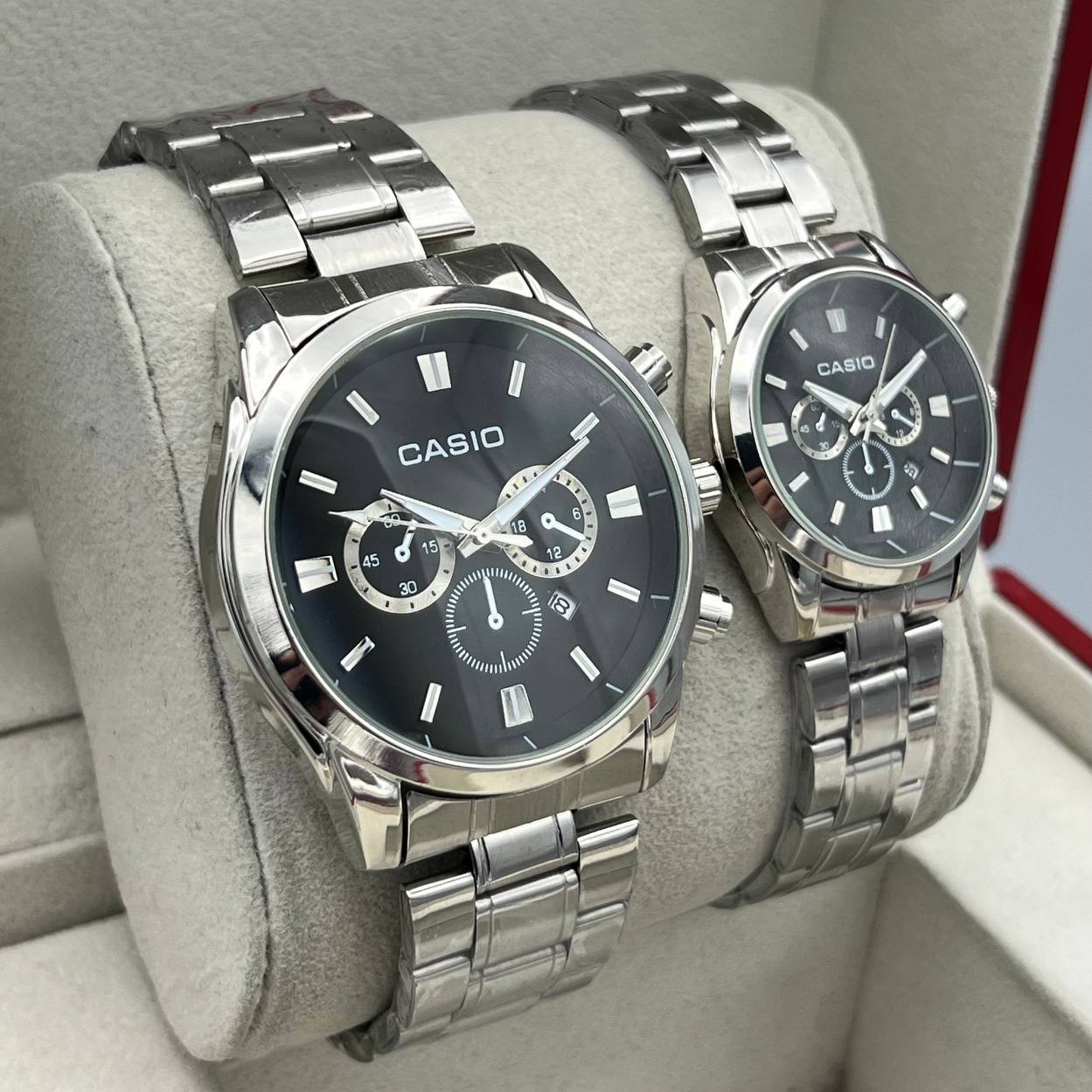 ست و تک ساعت مچی زنانه مردانه بند استیل طرح سه موتوره کاسیو ادیفایس Casio