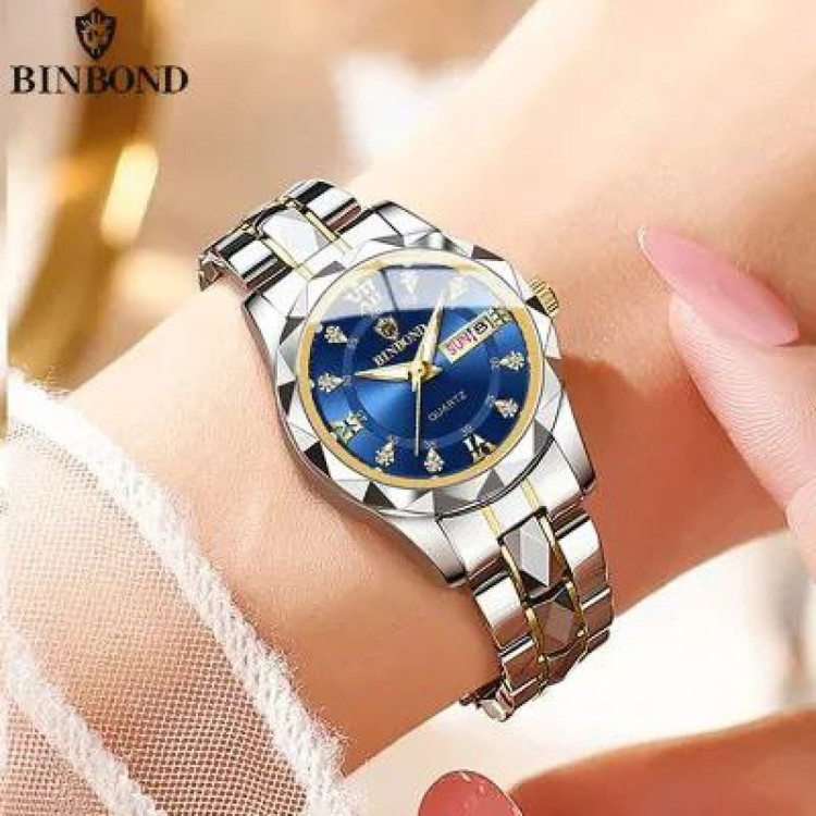 ساعت مچی زنانه اورجینال دوتقویم بند استیل رنگ ثابت و ضداب بینبند دارای رنگبندی متنوع BINBOND