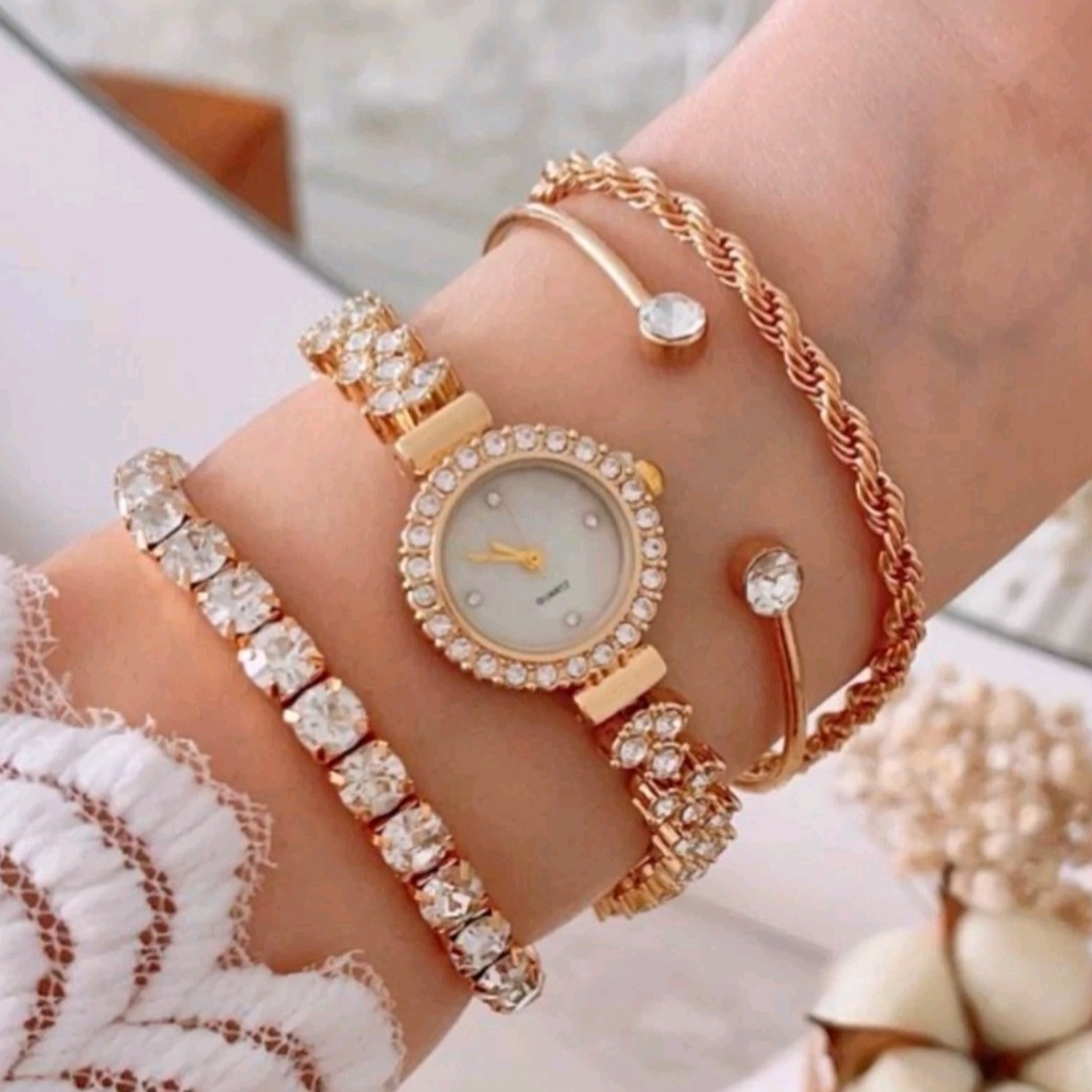 ست 5 تیکه ساعت مچی و دستبند زنانه بند استیل نگینی رایال کورن Royal crown