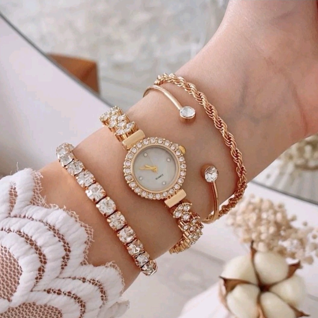 ست 5 تیکه ساعت مچی و دستبند زنانه بند استیل نگینی رایال کورن Royal crown