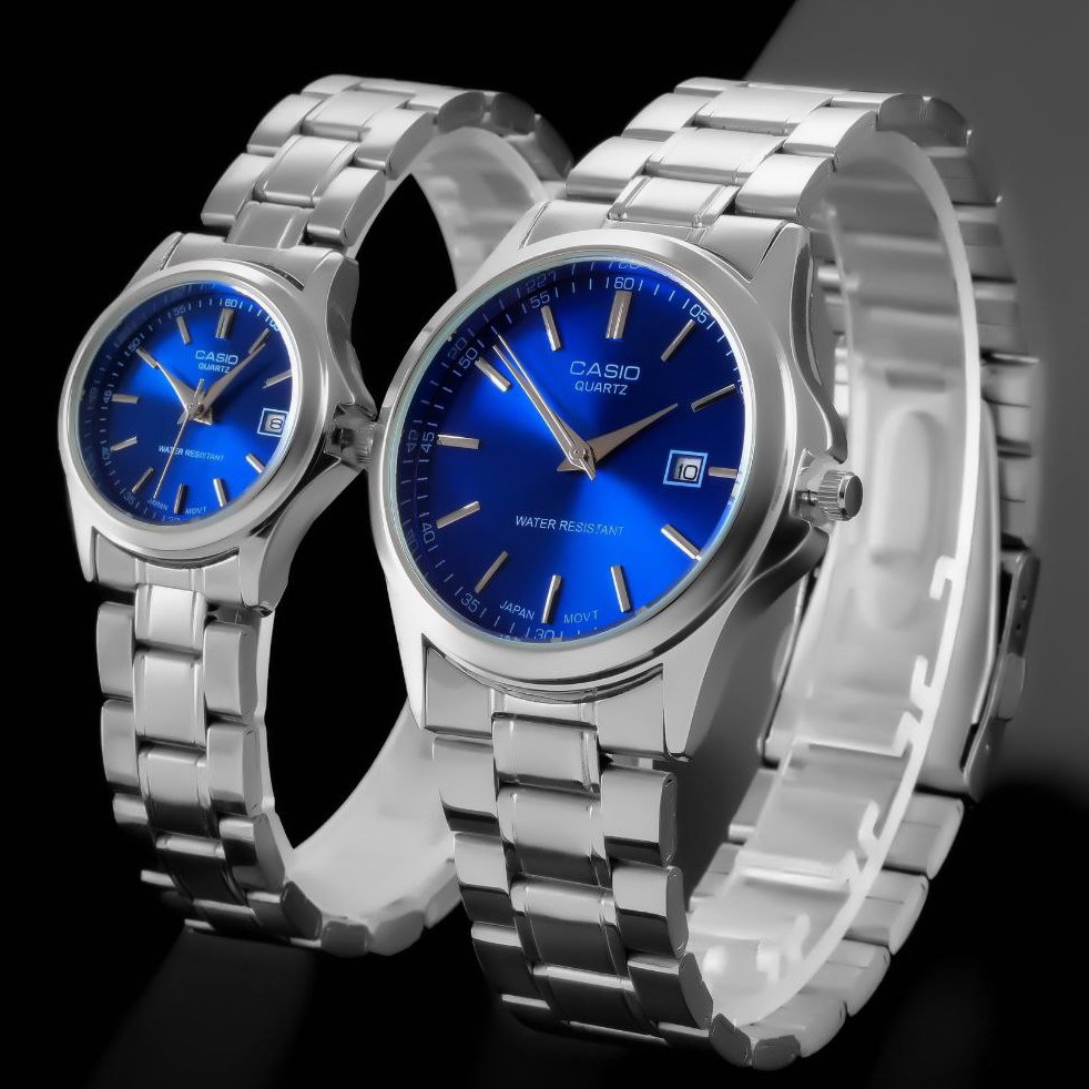 ساعت ست مردانه زنانه کاسیوcasioبند استیل نقره ای رنگ بندی کامل Casio