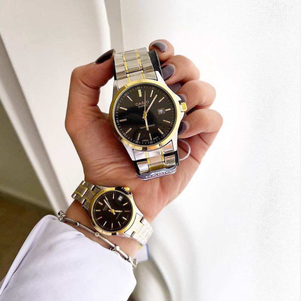 ساعت ست مردانه زنانه کاسیوcasioبند استیل نقره ای رنگ بندی کامل Casio