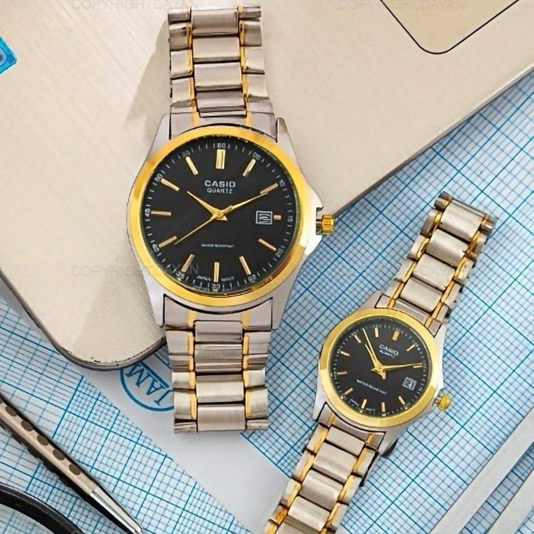 ساعت ست مردانه زنانه کاسیوcasioبند استیل نقره ای رنگ بندی کامل Casio