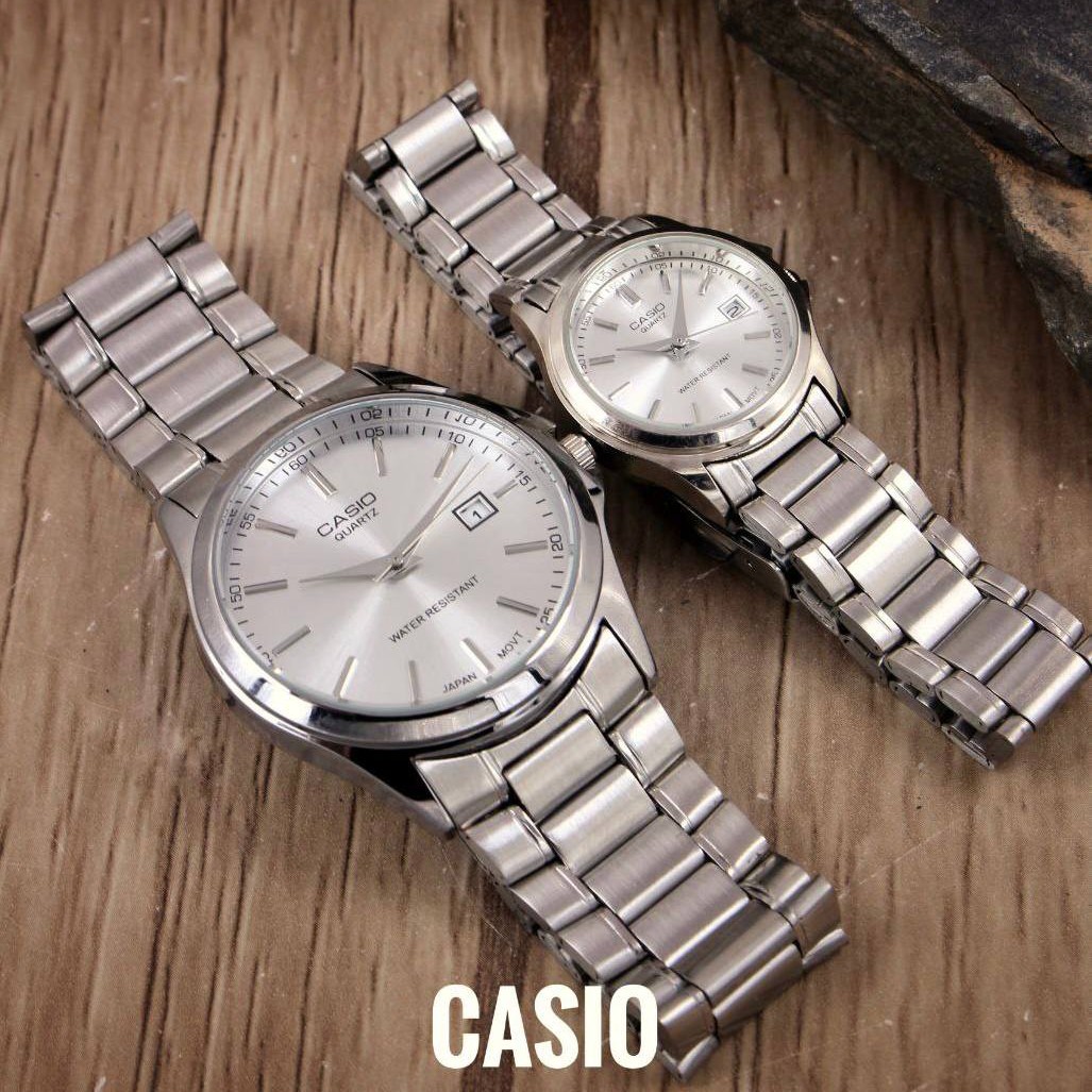 ساعت ست مردانه زنانه کاسیوcasioبند استیل نقره ای رنگ بندی کامل Casio