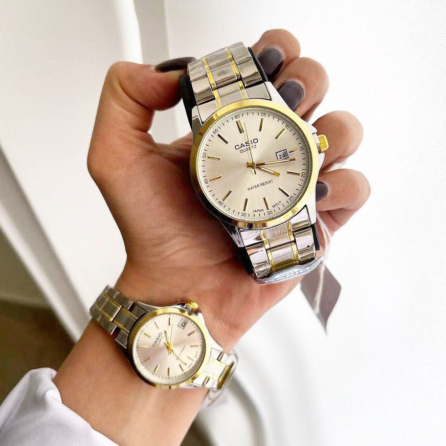 ساعت ست مردانه زنانه کاسیوcasioبند استیل نقره ای رنگ بندی کامل Casio