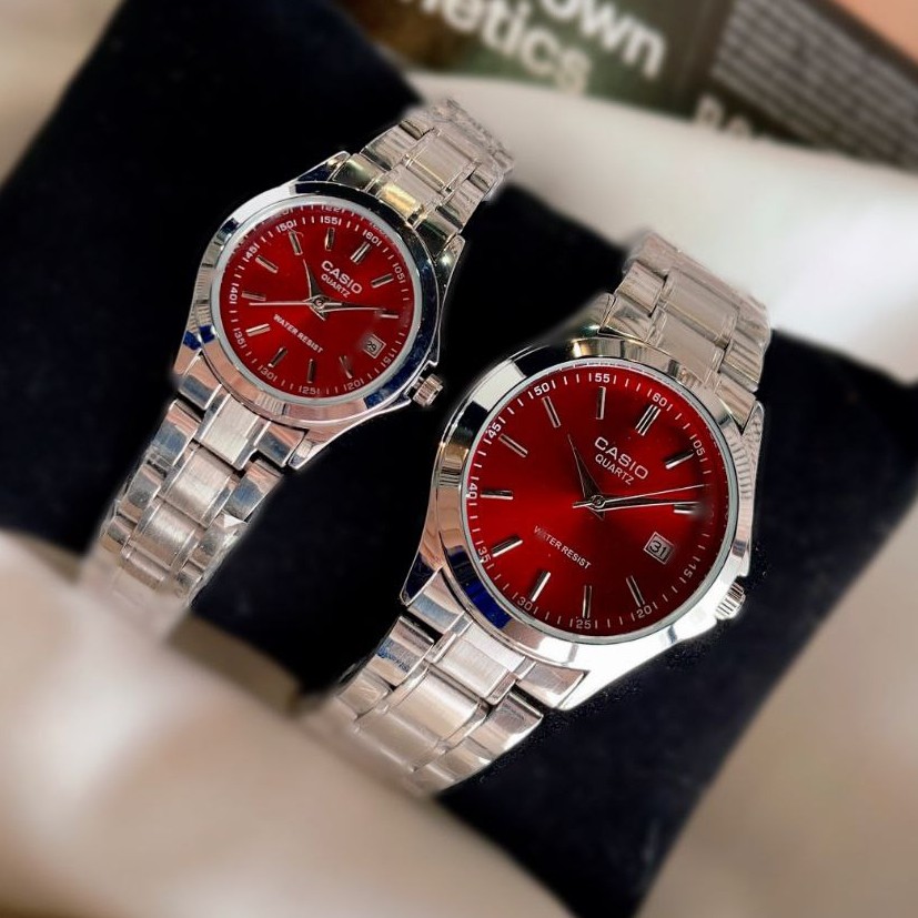 ساعت ست مردانه زنانه کاسیوcasioبند استیل نقره ای رنگ بندی کامل Casio