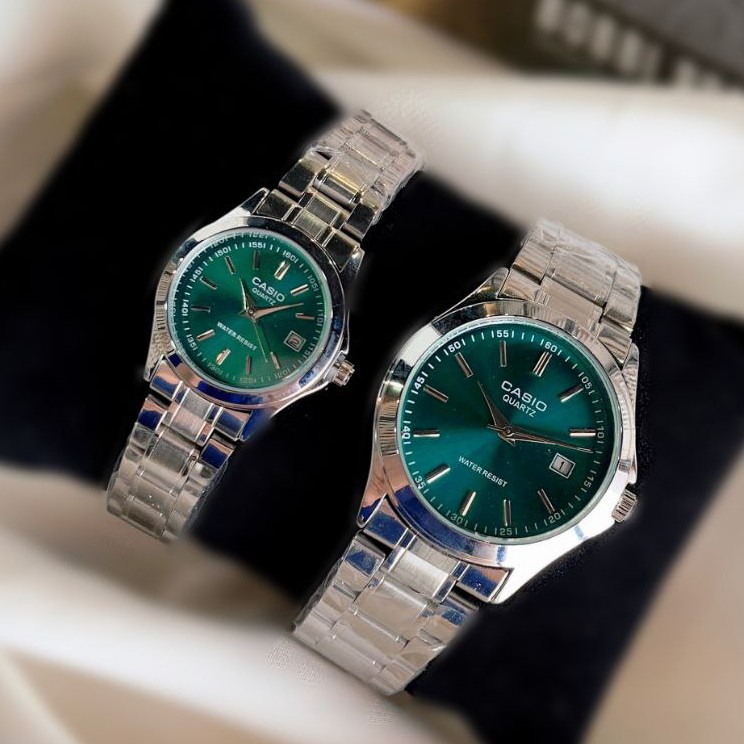 ساعت ست مردانه زنانه کاسیوcasioبند استیل نقره ای رنگ بندی کامل Casio