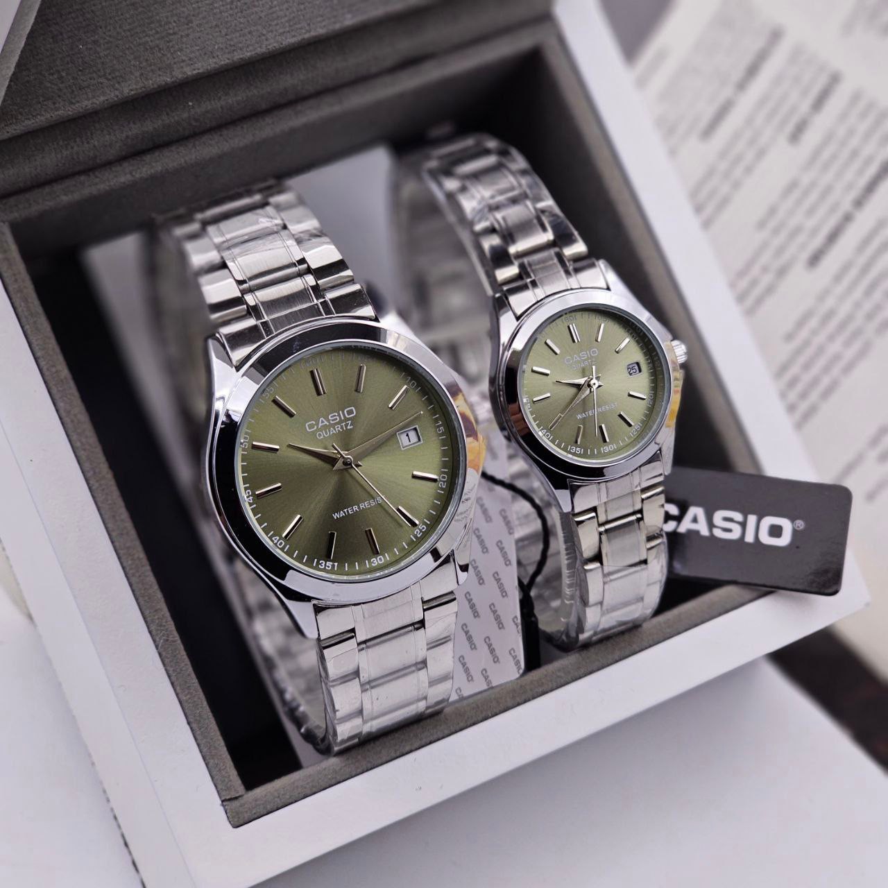 ساعت ست مردانه زنانه کاسیوcasioبند استیل نقره ای رنگ بندی کامل Casio
