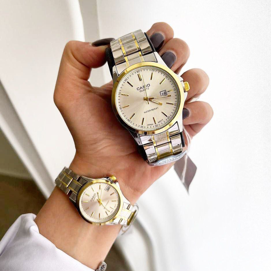 ست ساعت مچی زنانه مردانه کاسیو بند استیل دارای رنگبندی Casio