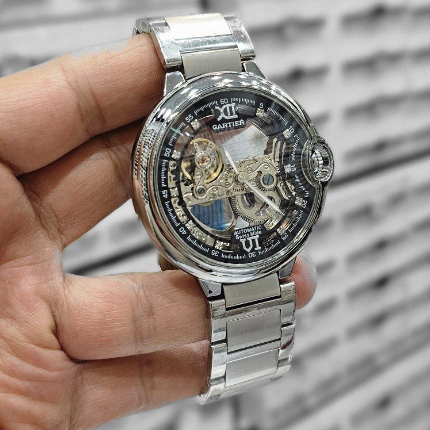 ساعت مچی مردانه اتومات موتور خطی اصلی بنداستیل رنگ ثابت قفل اصلی کارتیر Cartier