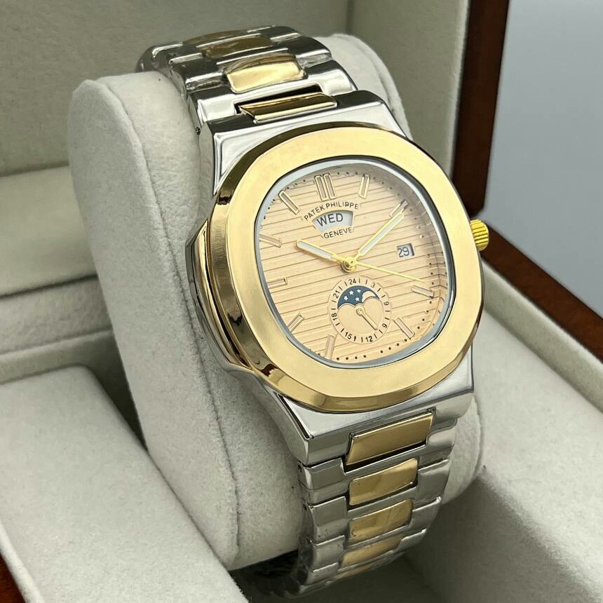 ساعت مچی مردانه دو تقویم طرح خورشید و ماه بند استیل رنگ ثابت پتک فیلیپ patek Philippe