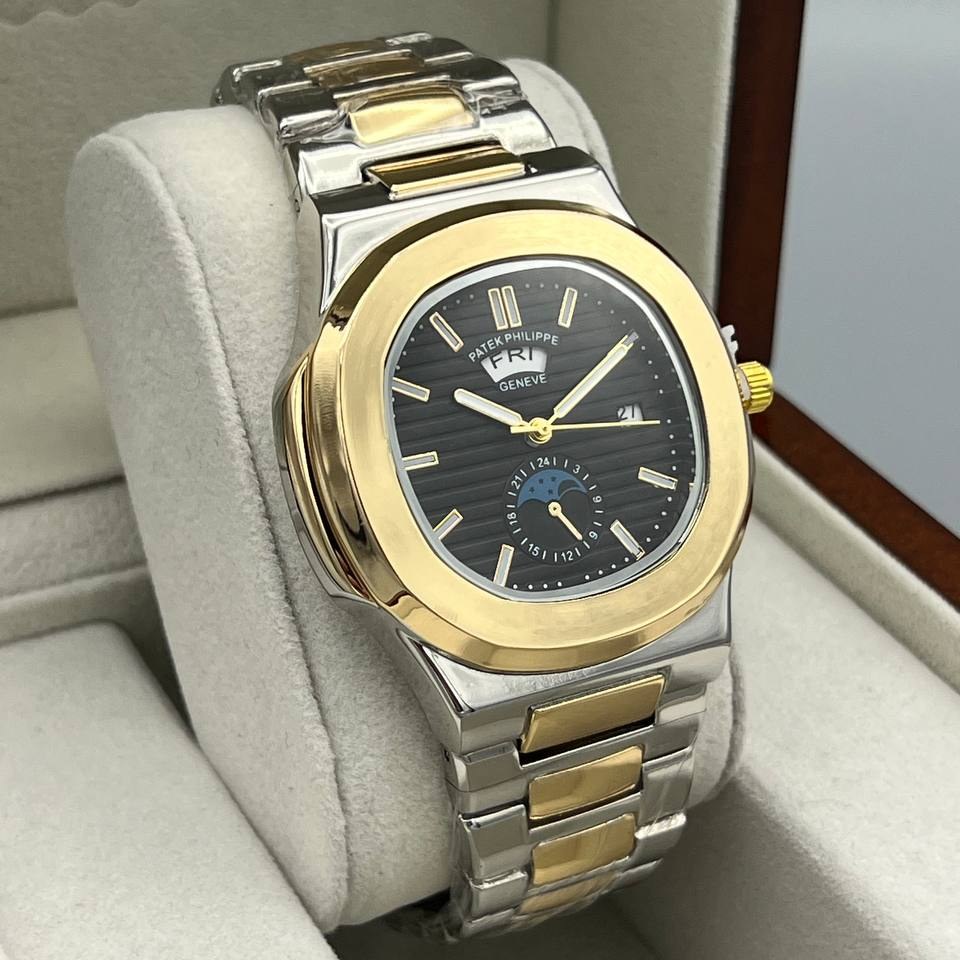ساعت مچی مردانه دو تقویم طرح خورشید و ماه بند استیل رنگ ثابت پتک فیلیپ patek Philippe