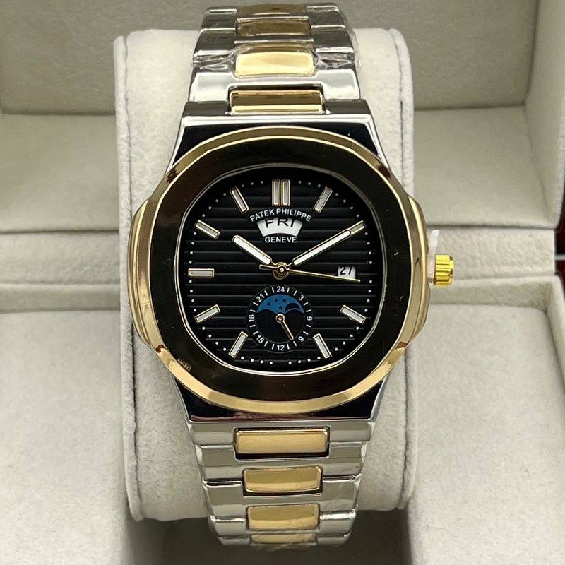 ساعت مچی مردانه دو تقویم طرح خورشید و ماه بند استیل رنگ ثابت پتک فیلیپ patek Philippe