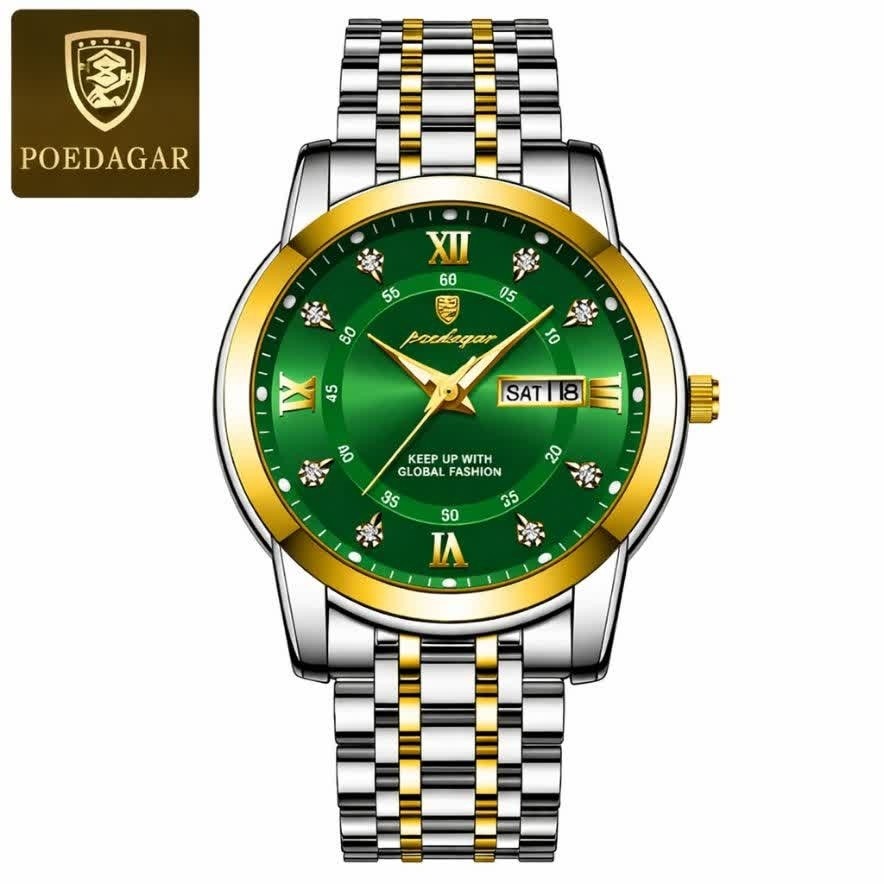 ساعت مچی مردانه پوداگار POEDAGAR اورجینال دو تقویمه صفحه سبز مدل B2 نسخه اروپایی