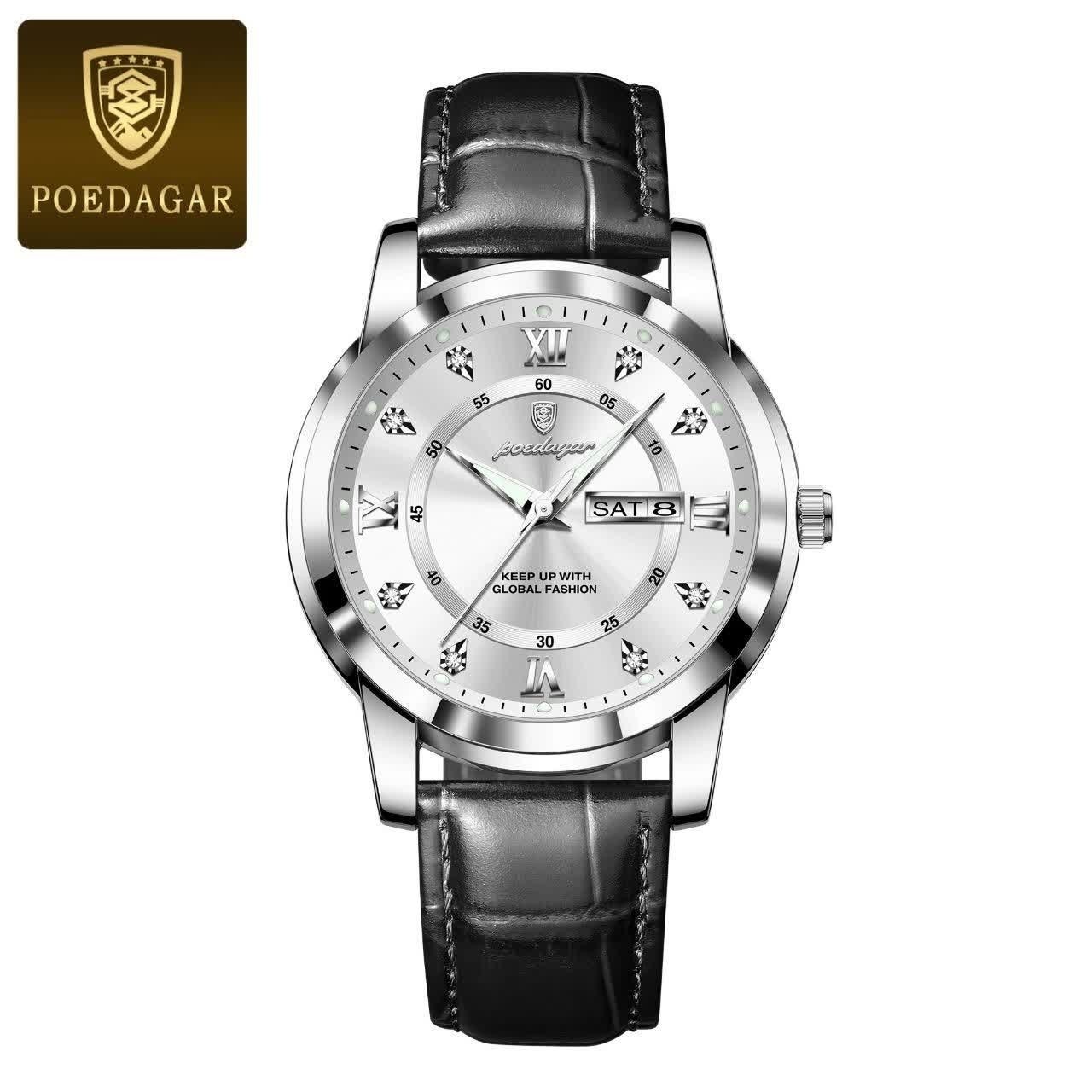 ساعت مچی مردانه پوداگار POEDAGAR اورجینال بند چرمی مشکی صفحه سفید +