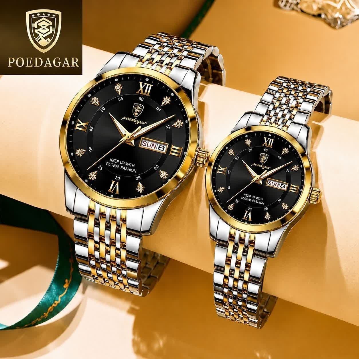 ست ساعت مچی پوداگار POEDAGAR اورجینال دو تقویمه صفحه مشکی مدل B2 +