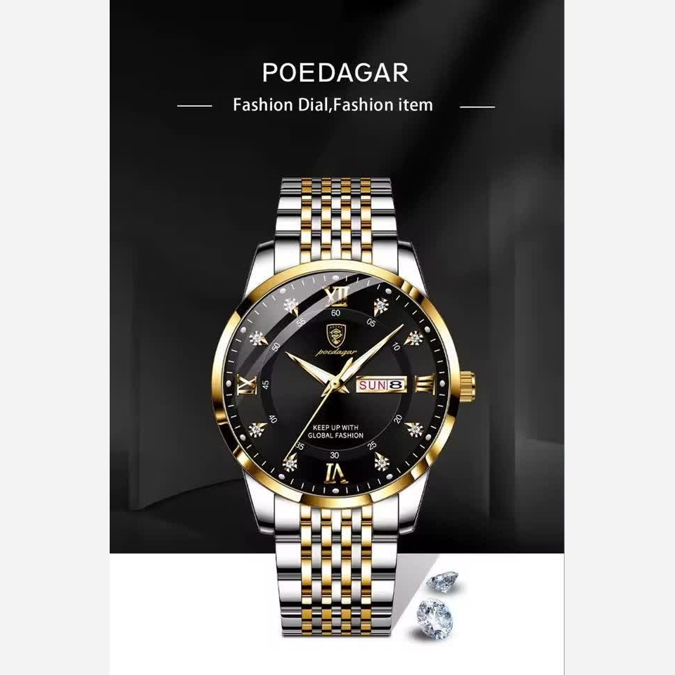 ساعت مچی مردانه پوداگار POEDAGAR اورجینال دو تقویمه صفحه مشکی مدل B2 +