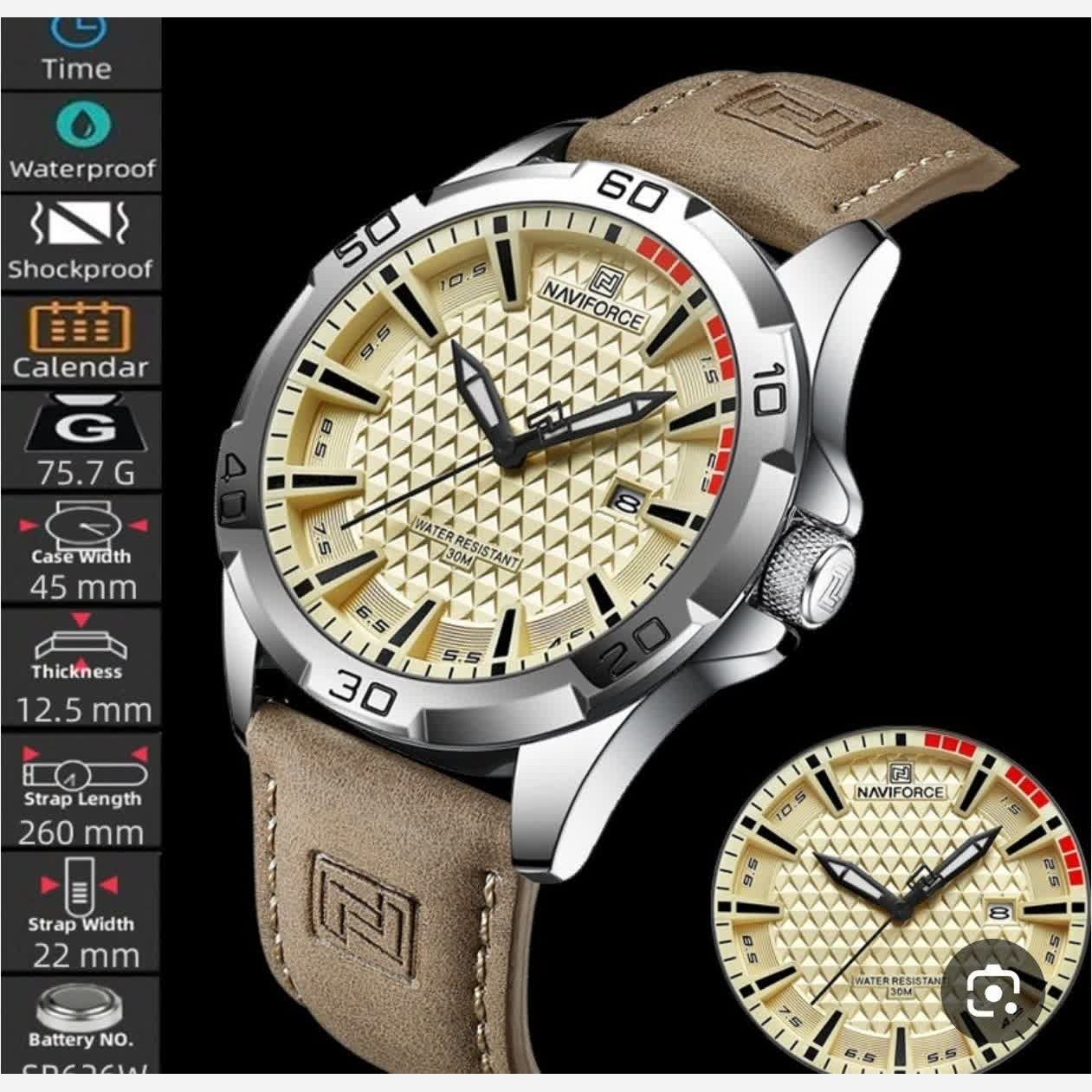 ساعت مچی مردانه نیوی فورس NAVIFORCE مدل nf8023 ژاپنی بند چرم